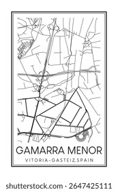 Cartaz de mapa rodoviário impresso desenhado à mão no centro do distrito GAMARRA MENOR da cidade espanhola de VITORIA-GASTEIZ sobre fundo branco sólido com nome de cidade
