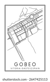 Cartaz impresso à mão do mapa rodoviário do centro do distrito GOBEO da cidade espanhola de VITORIA-GASTEIZ sobre fundo branco sólido com nome da cidade