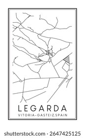 Cartaz desenhado à mão do mapa rodoviário do centro de impressão do distrito de LEGARDA da cidade espanhola de VITORIA-GASTEIZ sobre fundo branco sólido com o nome da cidade