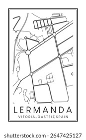 Cartaz de mapa rodoviário desenhado à mão no centro do distrito de LERMANDA da cidade espanhola de VITORIA-GASTEIZ sobre fundo branco sólido com nome de cidade