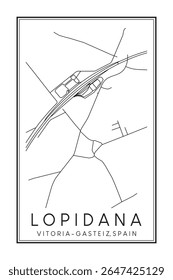 Cartaz de mapa rodoviário desenhado à mão no centro de impressão do distrito de LOPIDANA da cidade espanhola de VITORIA-GASTEIZ sobre fundo branco sólido com nome de cidade