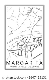 Cartaz de mapa rodoviário desenhado à mão no centro da cidade de VITORIA-GASTEIZ, no distrito de MARGARITA, sobre fundo branco sólido com nome de cidade