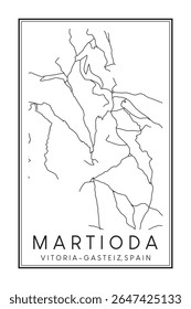 Cartaz de mapa rodoviário desenhado à mão do centro do distrito MARTIODA da cidade espanhola de VITORIA-GASTEIZ sobre fundo branco sólido com nome da cidade