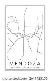 Cartaz do mapa rodoviário do centro de impressão desenhado à mão do distrito MENDOZA da cidade espanhola de VITORIA-GASTEIZ sobre fundo branco sólido com nome da cidade