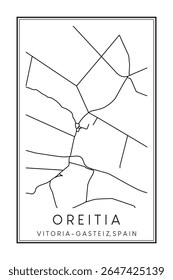 Cartaz de mapa rodoviário do centro, impresso à mão, do distrito de OREITIA da cidade espanhola de VITORIA-GASTEIZ sobre fundo branco sólido com nome de cidade