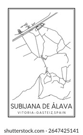 Cartaz impresso à mão do mapa rodoviário do centro do distrito de SUBIJANA DE ÁLAVA da cidade espanhola de VITORIA-GASTEIZ sobre fundo branco sólido com nome de cidade