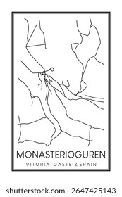 Cartaz desenhado à mão do mapa rodoviário do centro de impressão do distrito MONASTERIOGUREN da cidade espanhola de VITORIA-GASTEIZ no fundo branco sólido com o nome da cidade