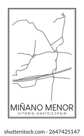 Cartaz de mapa rodoviário desenhado à mão do centro da cidade do distrito de MIÑANO MENOR da cidade espanhola de VITORIA-GASTEIZ no fundo branco sólido com o nome da cidade