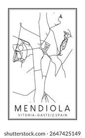 Cartaz de mapa rodoviário desenhado à mão do centro de distrito de MENDIOLA da cidade espanhola de VITORIA-GASTEIZ sobre fundo branco sólido com nome de cidade
