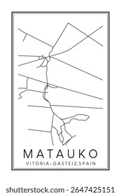 Cartaz de mapa rodoviário desenhado à mão no centro da cidade de VITORIA-GASTEIZ, no distrito de MATAUKO, sobre fundo branco sólido com o nome da cidade