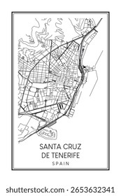 Hand drawn printable downtown road map poster of the Spanish city of SANTA CRUZ DE TENERIFE on solid white background with city name