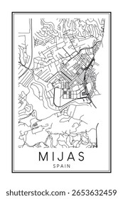 Hand drawn printable downtown road map poster of the Spanish city of MIJAS on solid white background with city name