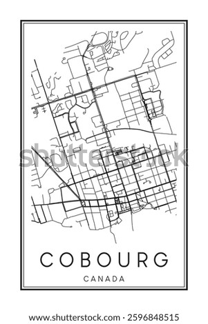 Hand drawn printable downtown road map poster of the Canadian city of COBOURG on solid white background with city name