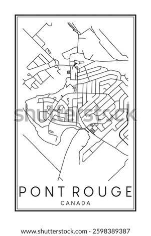 Hand drawn printable downtown road map poster of the Canadian town of PONT ROUGE on solid white background with town name