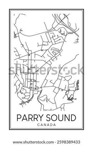 Hand drawn printable downtown road map poster of the Canadian town of PARRY SOUND on solid white background with town name