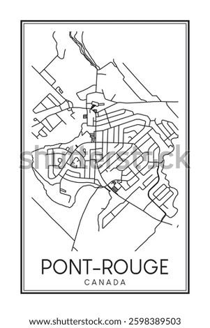 Hand drawn printable downtown road map poster of the Canadian town of PONT-ROUGE on solid white background with town name