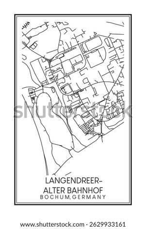 Hand drawn printable downtown road map poster of borough LANGENDREER-ALTER BAHNHOF of the German city of BOCHUM on solid white background with city name