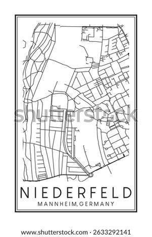 Hand drawn printable downtown road map poster of borough NIEDERFELD of the German city of MANNHEIM on solid white background with city name