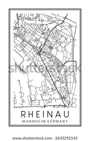 Hand drawn printable downtown road map poster of borough RHEINAU of the German city of MANNHEIM on solid white background with city name