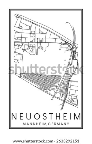 Hand drawn printable downtown road map poster of borough NEUOSTHEIM of the German city of MANNHEIM on solid white background with city name
