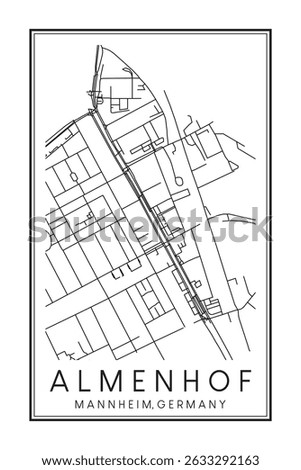 Hand drawn printable downtown road map poster of borough ALMENHOF of the German city of MANNHEIM on solid white background with city name