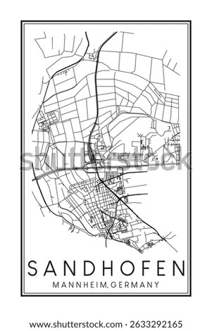 Hand drawn printable downtown road map poster of borough SANDHOFEN of the German city of MANNHEIM on solid white background with city name