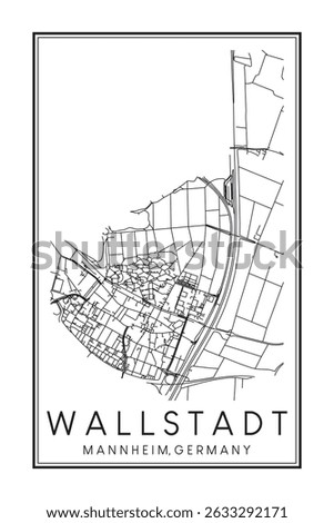 Hand drawn printable downtown road map poster of borough WALLSTADT of the German city of MANNHEIM on solid white background with city name