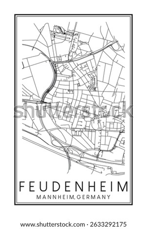 Hand drawn printable downtown road map poster of borough FEUDENHEIM of the German city of MANNHEIM on solid white background with city name