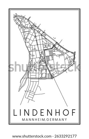 Hand drawn printable downtown road map poster of borough LINDENHOF of the German city of MANNHEIM on solid white background with city name