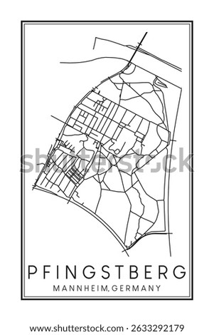 Hand drawn printable downtown road map poster of borough PFINGSTBERG of the German city of MANNHEIM on solid white background with city name