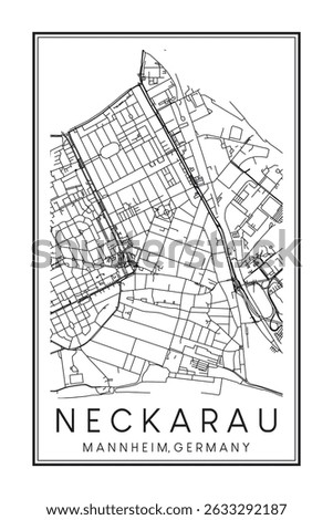 Hand drawn printable downtown road map poster of borough NECKARAU of the German city of MANNHEIM on solid white background with city name