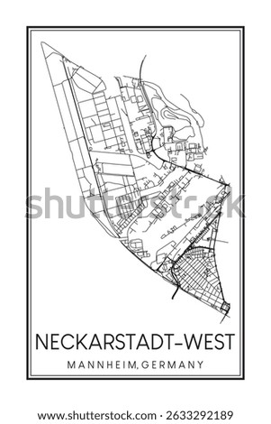 Hand drawn printable downtown road map poster of borough NECKARSTADT-WEST of the German city of MANNHEIM on solid white background with city name