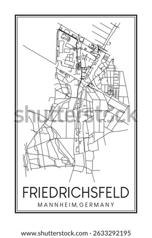 Hand drawn printable downtown road map poster of borough FRIEDRICHSFELD of the German city of MANNHEIM on solid white background with city name