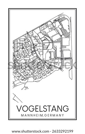 Hand drawn printable downtown road map poster of borough VOGELSTANG of the German city of MANNHEIM on solid white background with city name