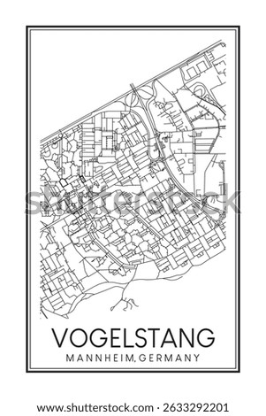 Hand drawn printable downtown road map poster of borough VOGELSTANG of the German city of MANNHEIM on solid white background with city name