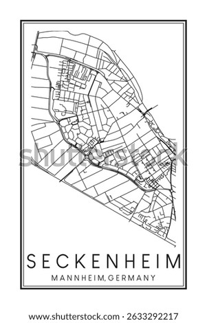 Hand drawn printable downtown road map poster of borough SECKENHEIM of the German city of MANNHEIM on solid white background with city name