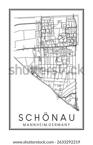 Hand drawn printable downtown road map poster of borough SCHÖNAU of the German city of MANNHEIM on solid white background with city name