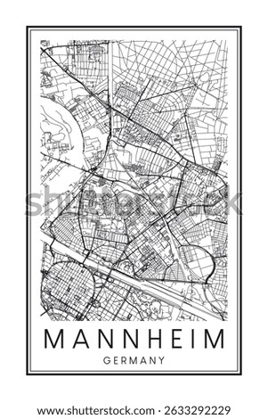 Hand drawn printable downtown road map poster of the German city of MANNHEIM on solid white background with city name