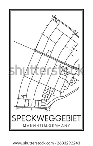 Hand drawn printable downtown road map poster of borough SPECKWEGGEBIET of the German city of MANNHEIM on solid white background with city name