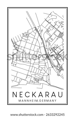 Hand drawn printable downtown road map poster of borough NECKARAU of the German city of MANNHEIM on solid white background with city name