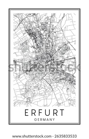 Hand drawn printable downtown road map poster of the German city of ERFURT on solid white background with city name