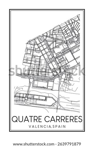 Hand drawn printable downtown road map poster of district QUATRE CARRERES of the Spanish city of VALENCIA on solid white background with city name