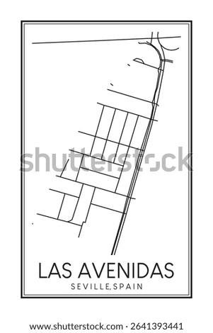 Hand drawn printable downtown road map poster of district LAS AVENIDAS of the Spanish city of SEVILLE on solid white background with city name