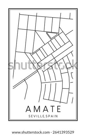 Hand drawn printable downtown road map poster of district AMATE of the Spanish city of SEVILLE on solid white background with city name