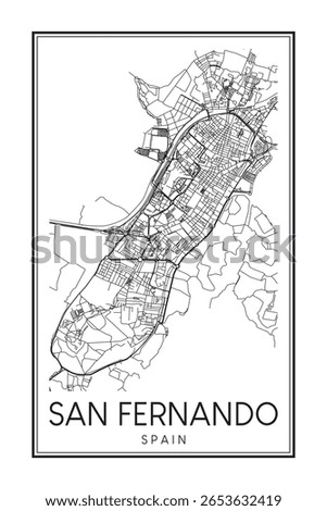 Hand drawn printable downtown road map poster of the Spanish city of SAN FERNANDO on solid white background with city name