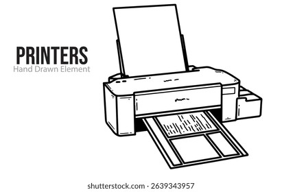 Hand drawn printer sketch, editable, black line, outline, simple design, electronic device, technology
