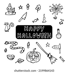 Hand drawn prints   doodle  Vector set halloween  Funny  cute illustration for seasonal design  textile  decoration kids playroom greeting card  