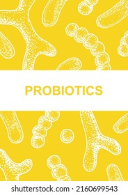 Hand drawn probiotics design for packaging and branding. Vector illustration in sketch style. Microscopic bacteria close-up. Biology background