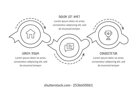 Hand drawn process diagram template - three connected circles with arrows with place for your icons and text, doodle infographics vector eps10 illustration