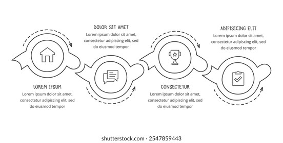 Hand drawn process diagram template - four connected circles with arrows with place for your icons and text, doodle infographics vector eps10 illustration